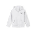 Single white zip-up hoodie displayed flat against white background, showing full front view with drawstring hood, front zipper, kangaroo pocket, and ribbed cuffs and hem