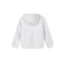 Close-up detail view of white hoodie showing front zipper area, small chest logo text, and kangaroo pocket construction against white background