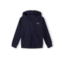 Close-up detail of navy hoodie showing zip fastening and small white text print on chest area