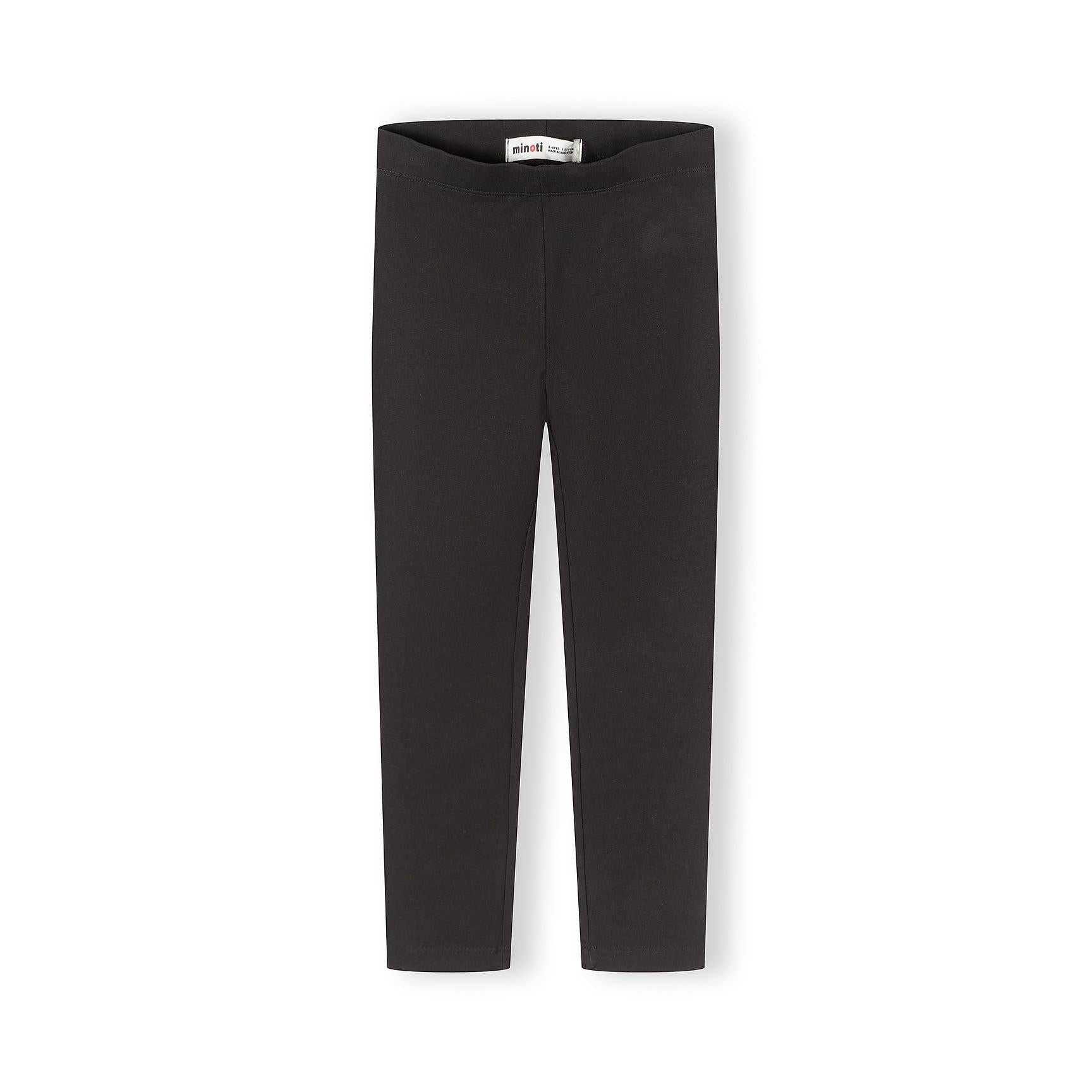 Single black leggings laid flat showing back view with elasticated waistband on white background