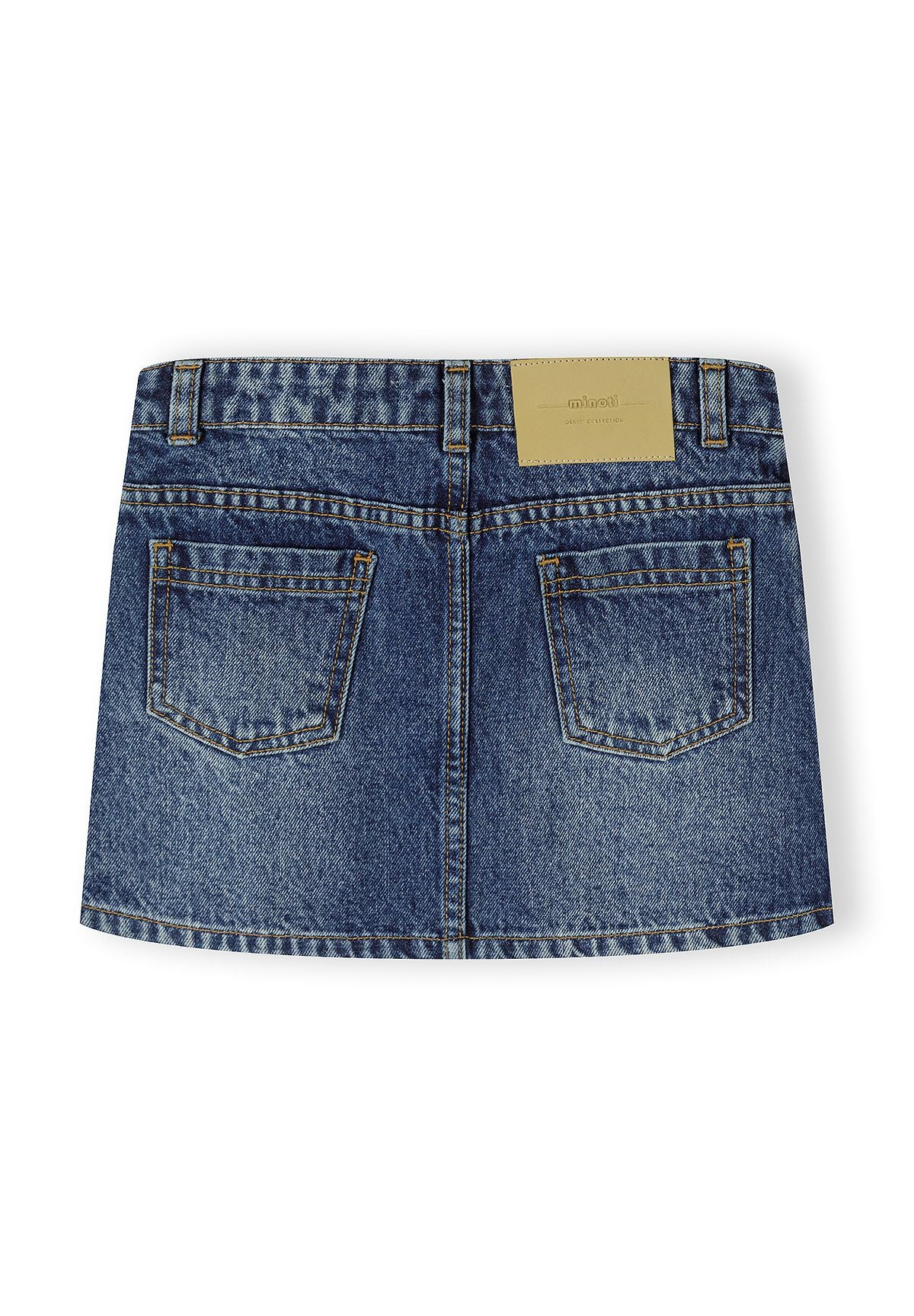 Back view of dark blue denim A-line skirt showing two back pockets, belt loops and Minoti leather label patch on white background