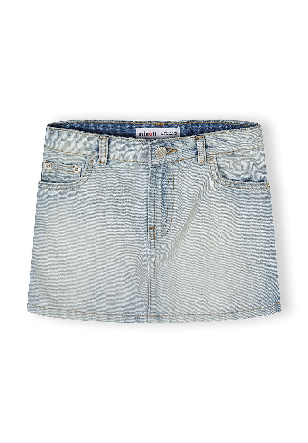 Front view of light blue denim skirt on white background showing classic five-pocket styling with Minoti waistband label