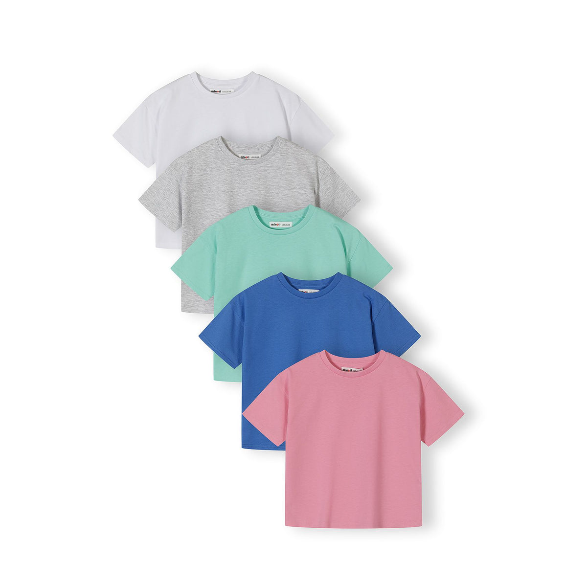 Girls' boxy t-shirts 5-pack in white, grey marl, mint, blue and pink — complete product view for square Shop card