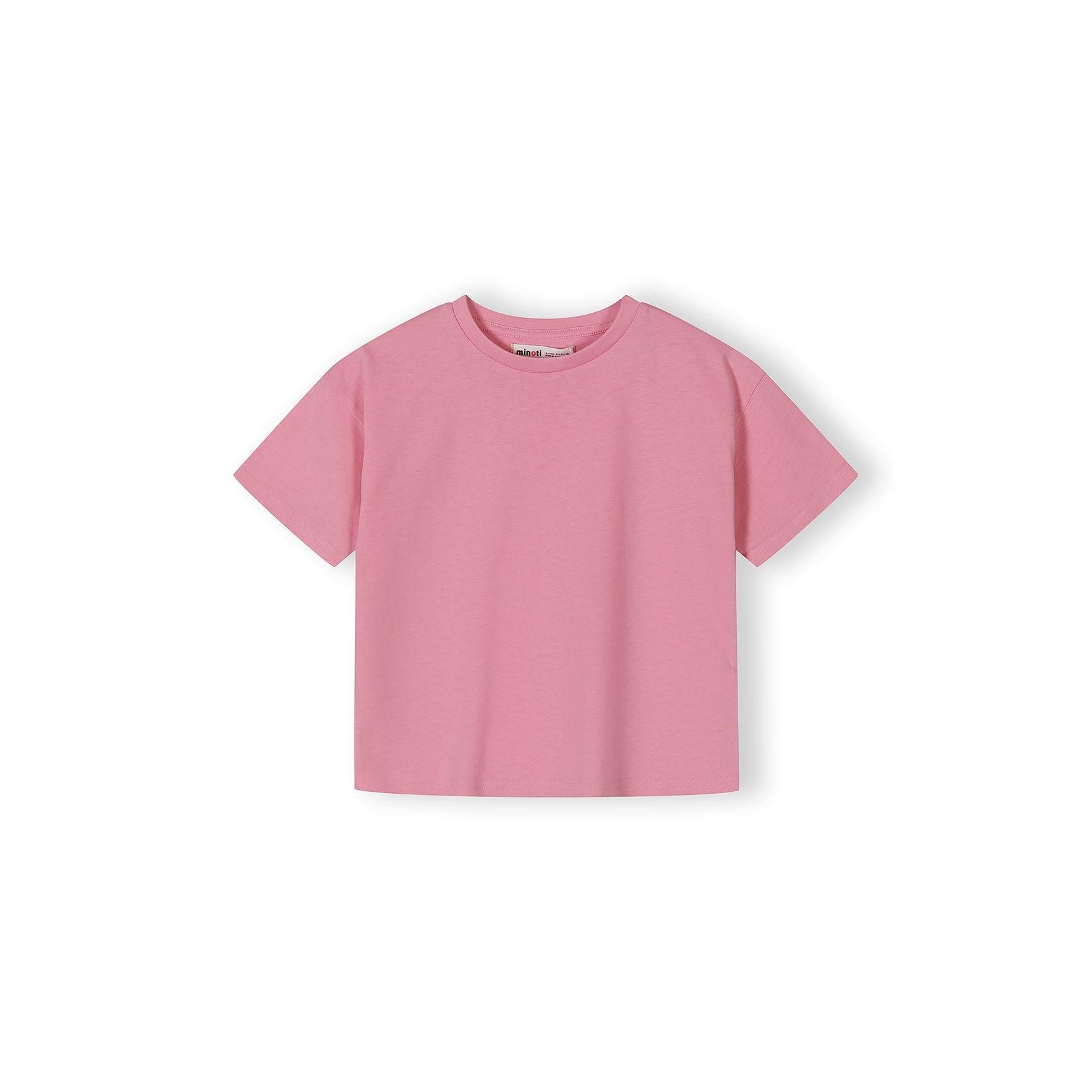 Single pink jersey t-shirt displayed flat against white background showing relaxed fit and short sleeves