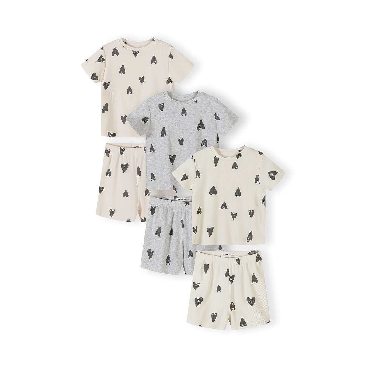 Girls' ribbed short pyjamas 3-pack in cream and grey marl — complete product view for square Shop card