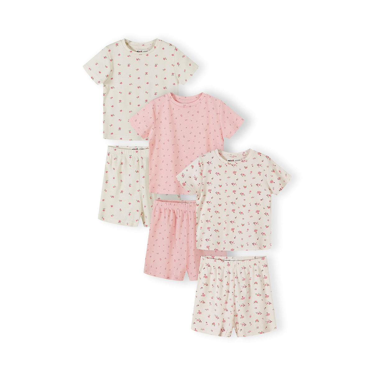 Girls' ribbed short pyjamas 3-pack in cream and pink — complete product view for square Shop card