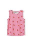 Close-up detail of pink elastic waistband shorts with watermelon heart pattern print, showing Minoti label and fabric texture