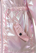 Close-up of shiny pink jacket pocket with flap button and adjustable drawstring waist design for kids fashion.