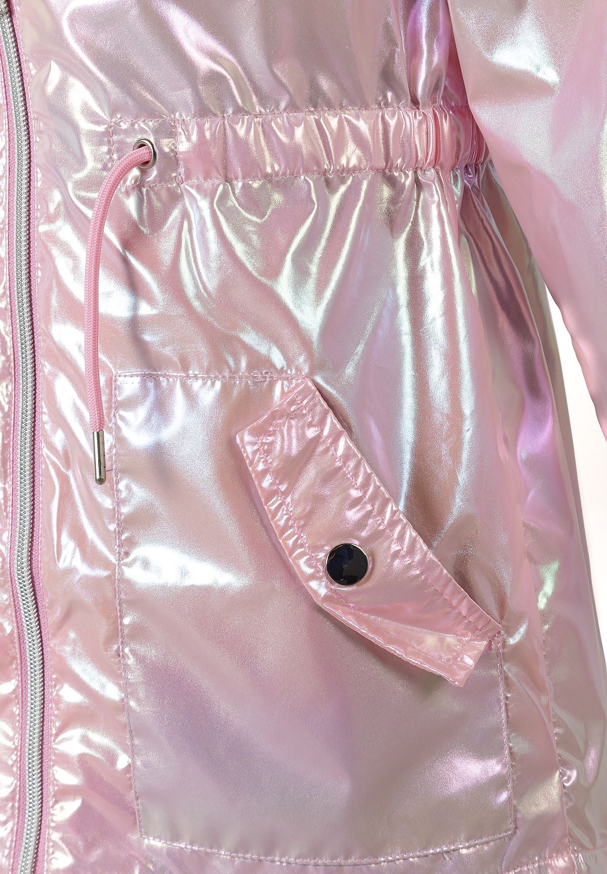 Close-up of the waist and pocket on the pink metallic parka.