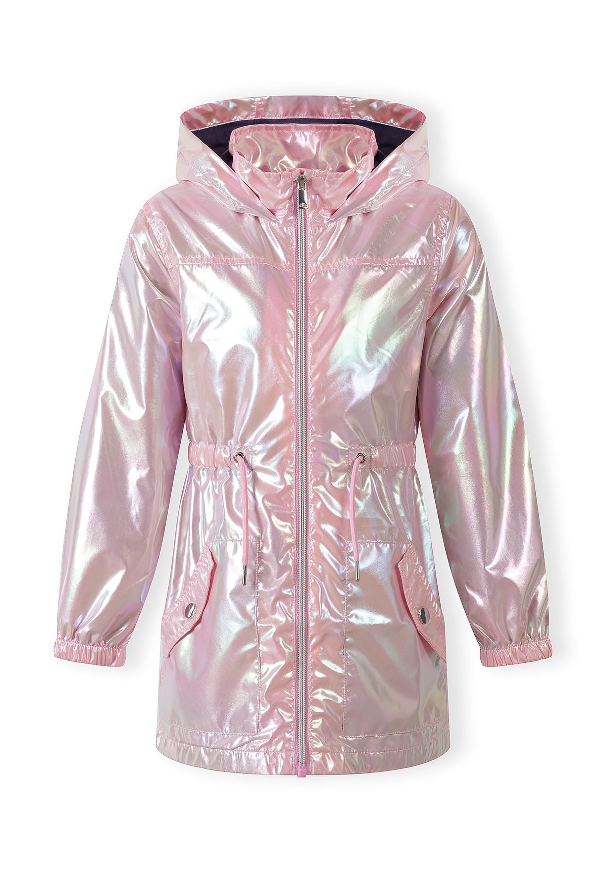 Front of a pink metallic parka.