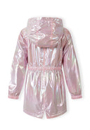 Back view of shiny pink girls hooded jacket with drawstring waist and flap pockets, featuring a reflective sheen design.