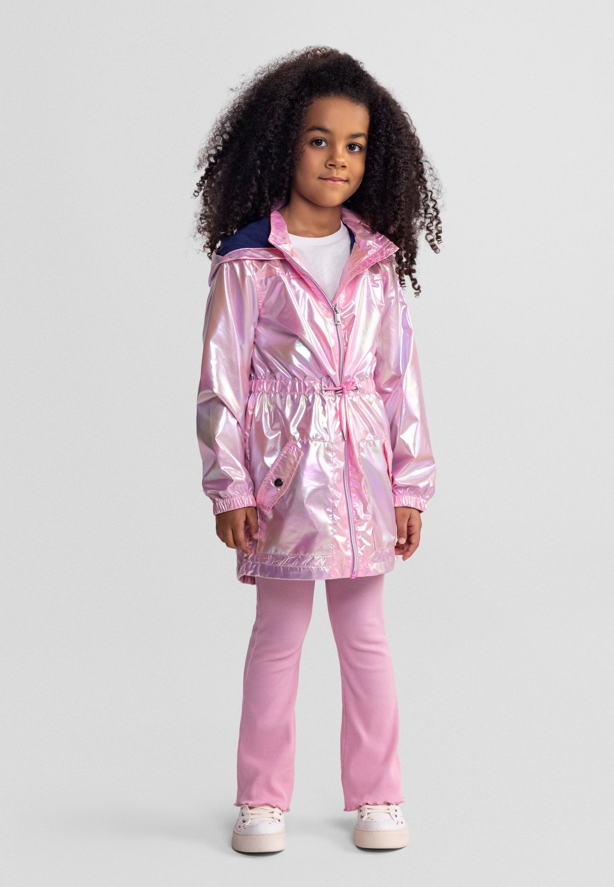 Girls' pink metallic parka, shown worn.