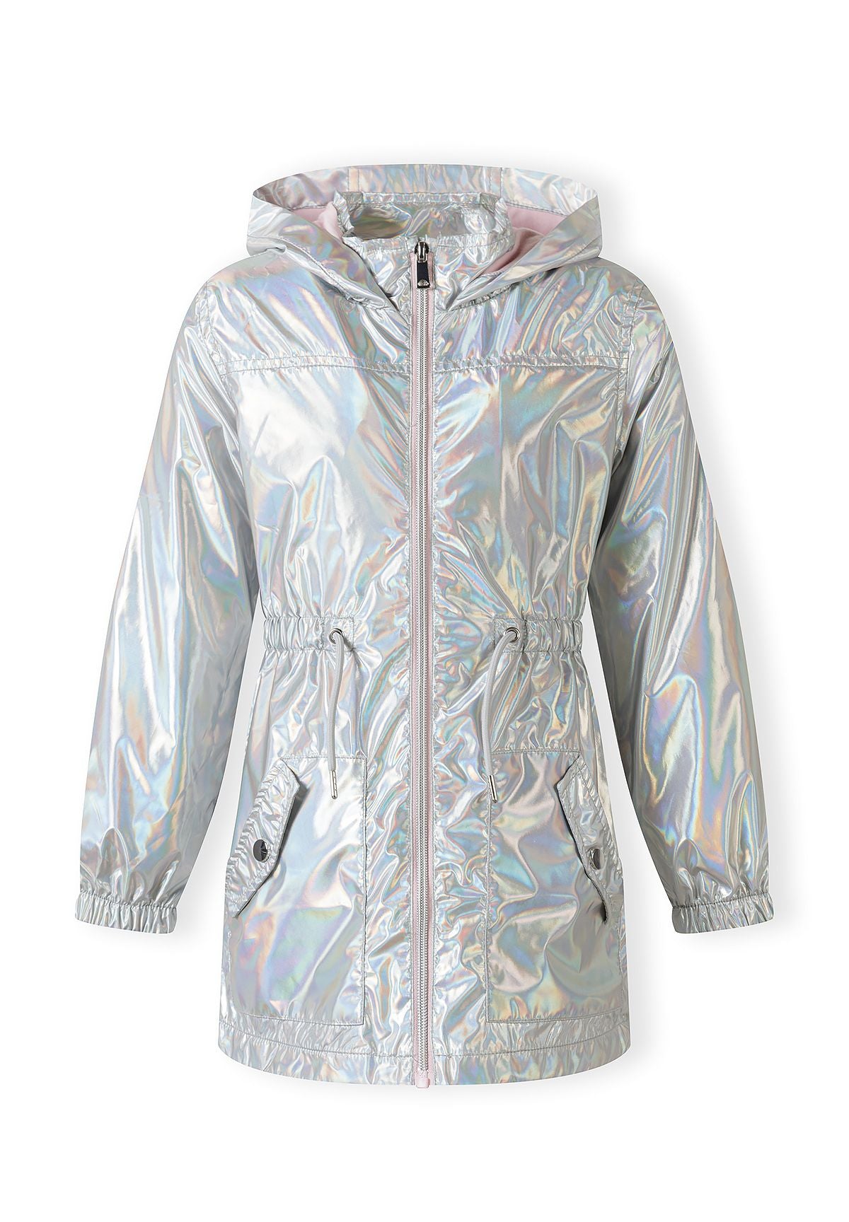 Front of a silver metallic parka.