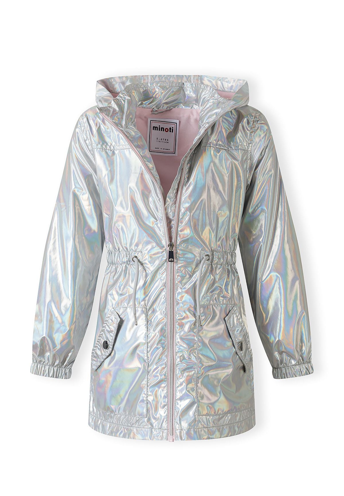 The silver metallic parka shown open to reveal the inside.