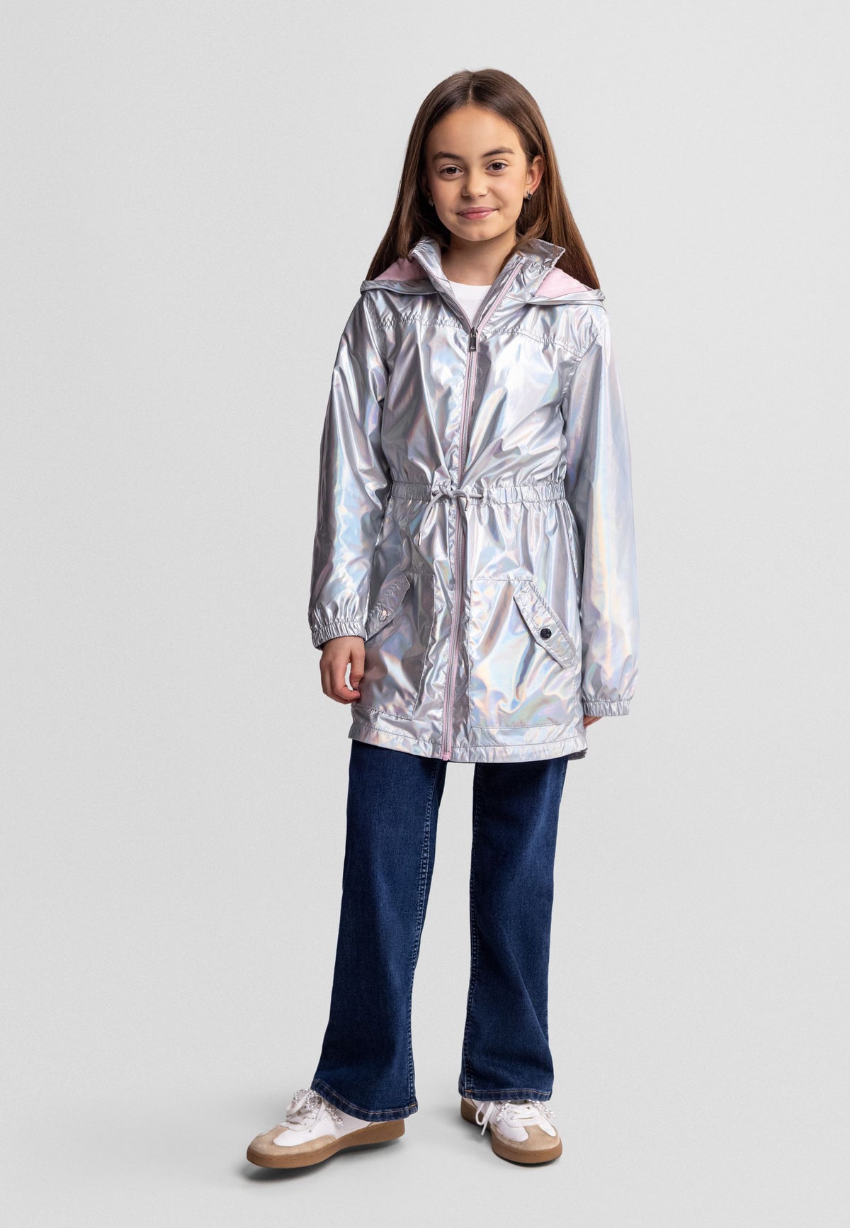 Girls' silver metallic parka, shown worn.