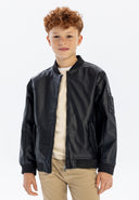 Boys faux leather bomber jacket black with zip pockets ribbed cuffs and full zip 2-14 years