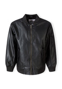Boys faux leather bomber jacket black with zip pockets ribbed cuffs and full zip 2-14 years
