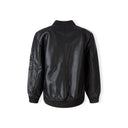 Back view of black faux leather bomber jacket showing ribbed collar and sleeve detail with arm pocket, laid flat on white background