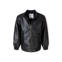 Close-up detail of black faux leather bomber jacket showing zip pocket with Minoti branded circular element on sleeve