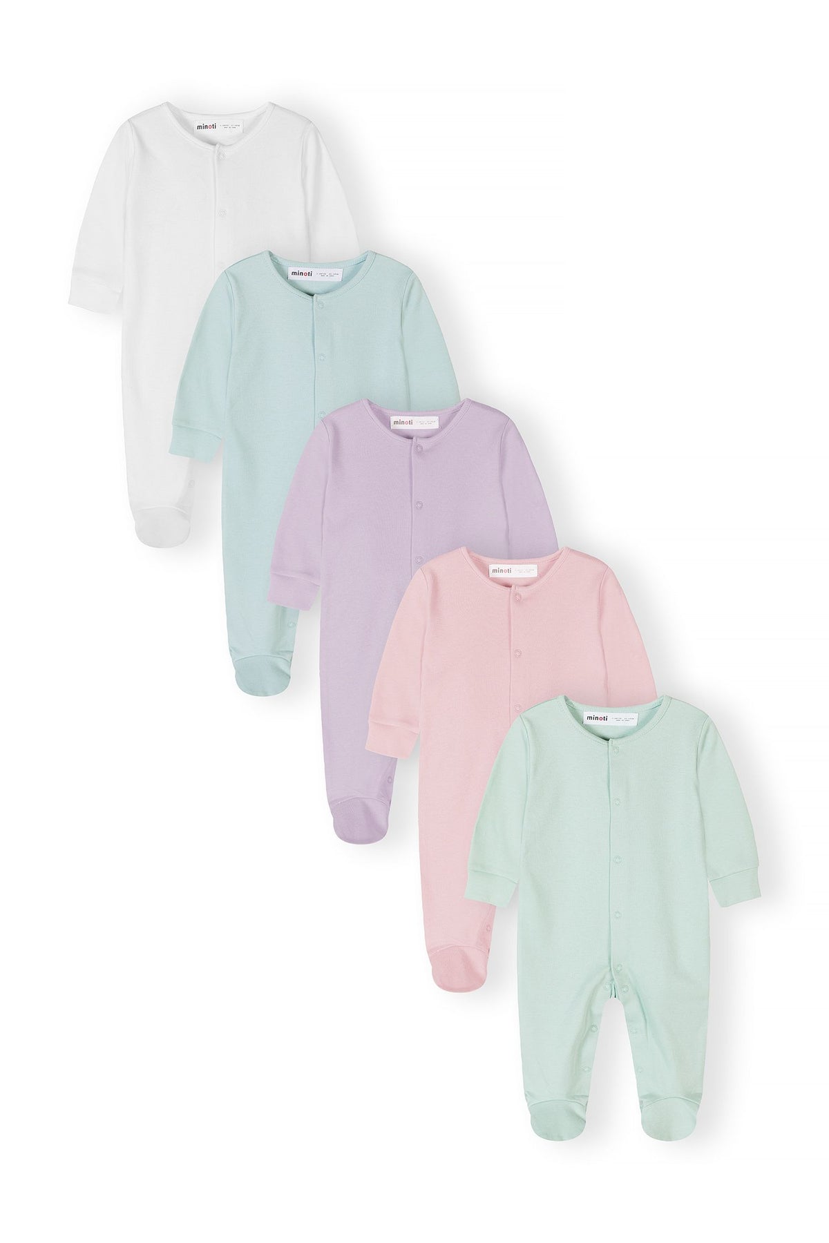 White, mint, lilac and pink sleepsuits, five fronts.