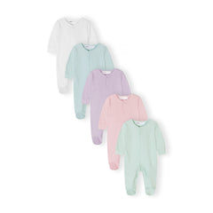 Baby sleepsuits 5-pack in white, mint, lilac and pink