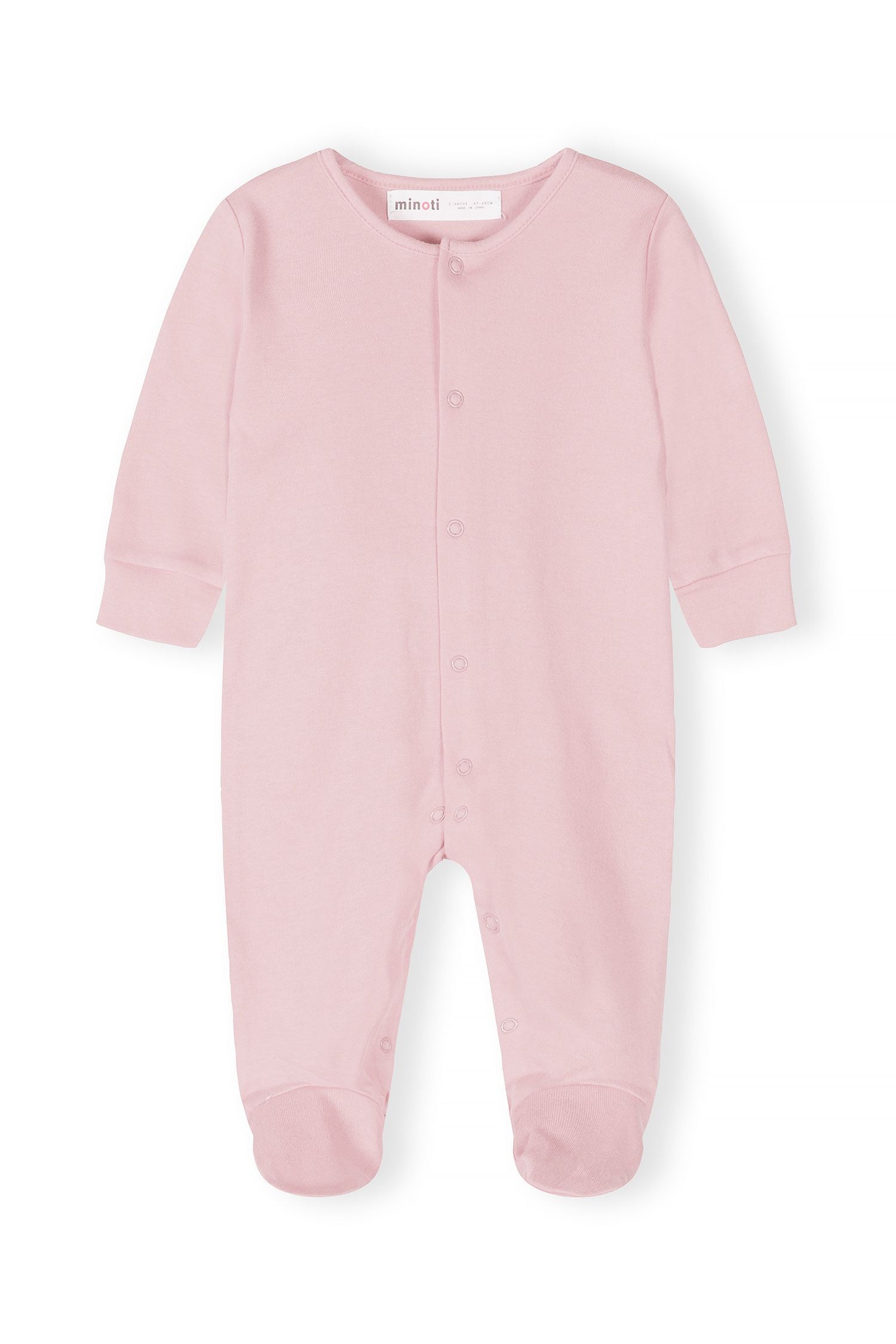 Baby sleepsuit in soft pink, front view with snap fastenings.