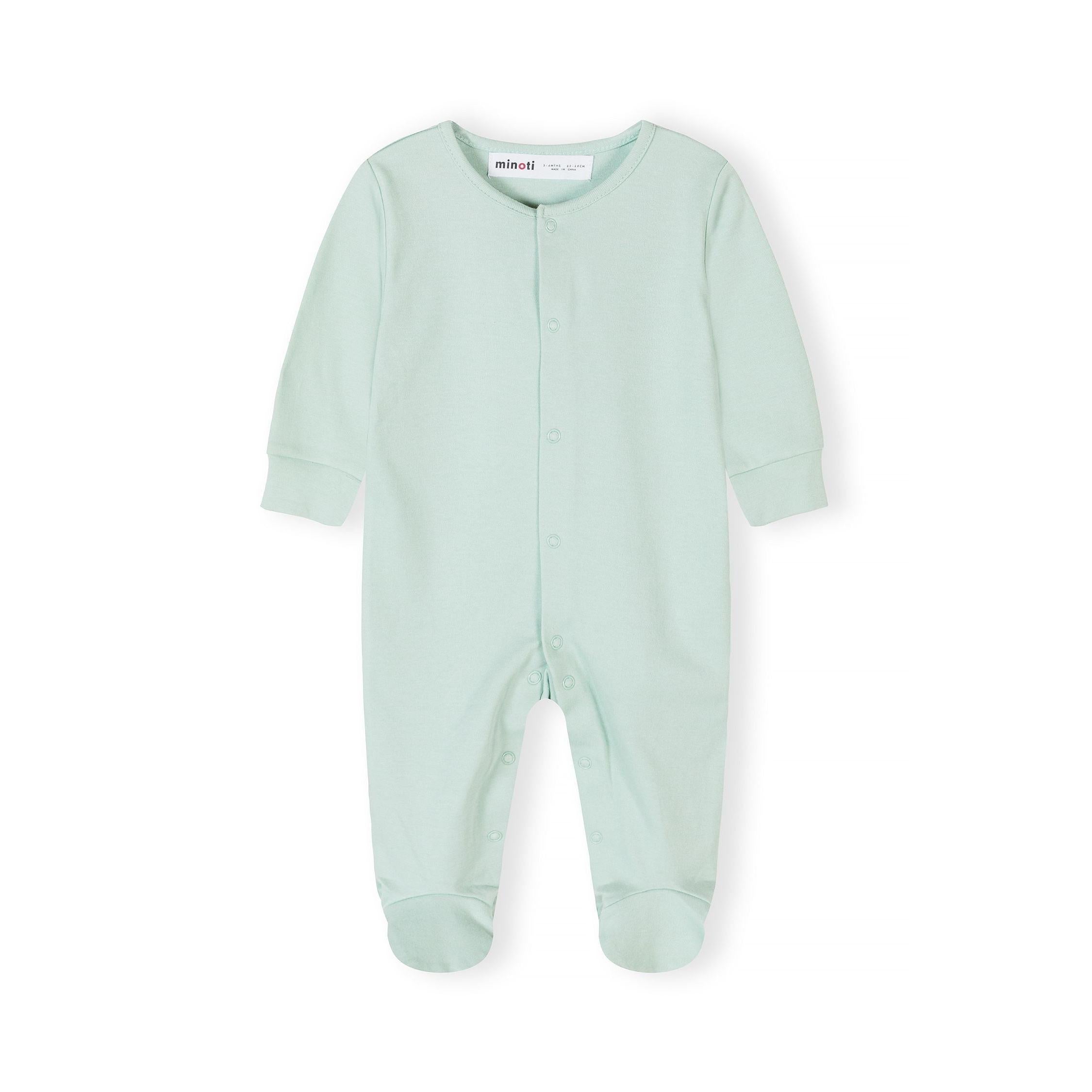 Single mint green baby sleepsuit displayed flat showing full length design with snap button front closure and integrated feet