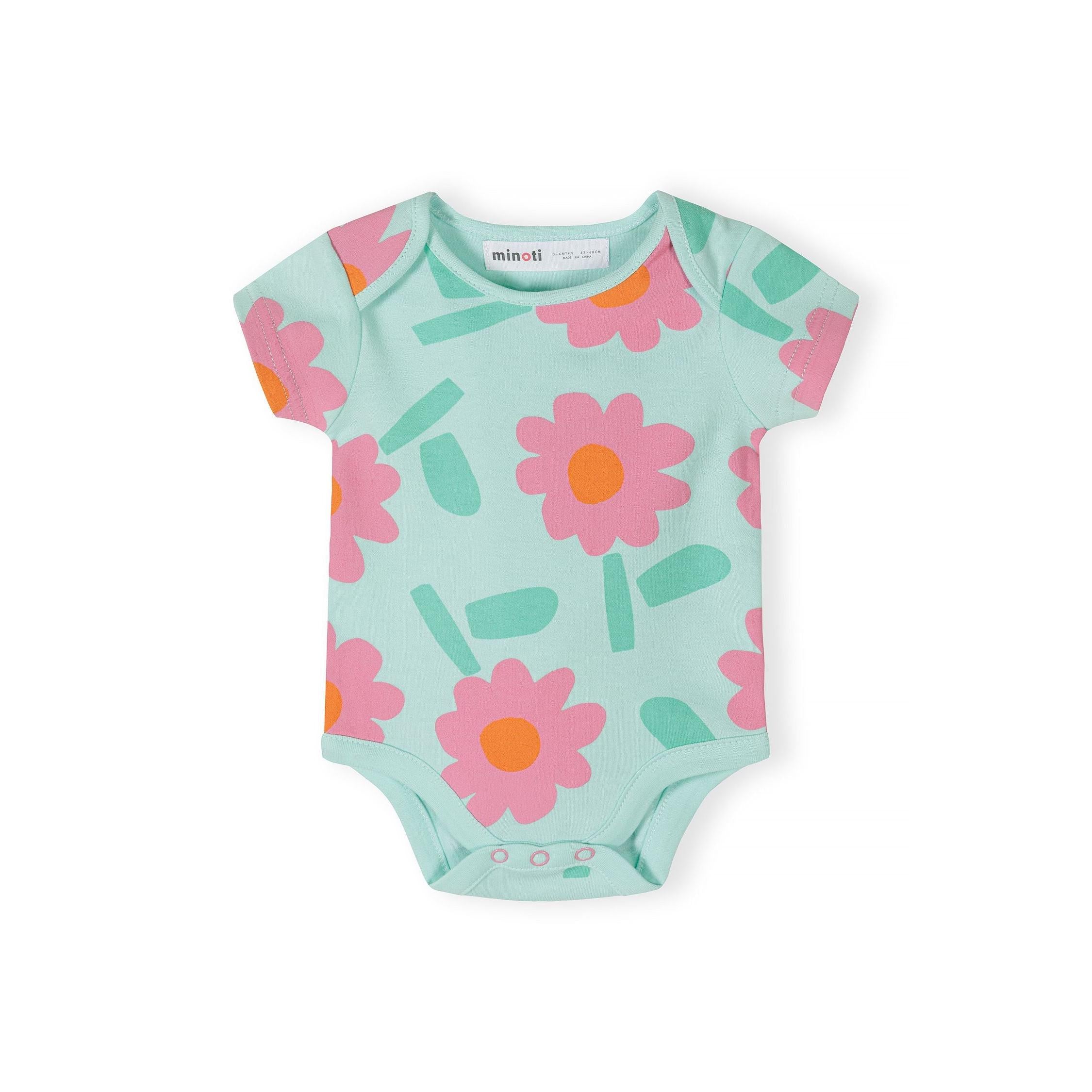 Single mint green short sleeve bodysuit with large pink floral print and orange flower centres displayed flat on white background