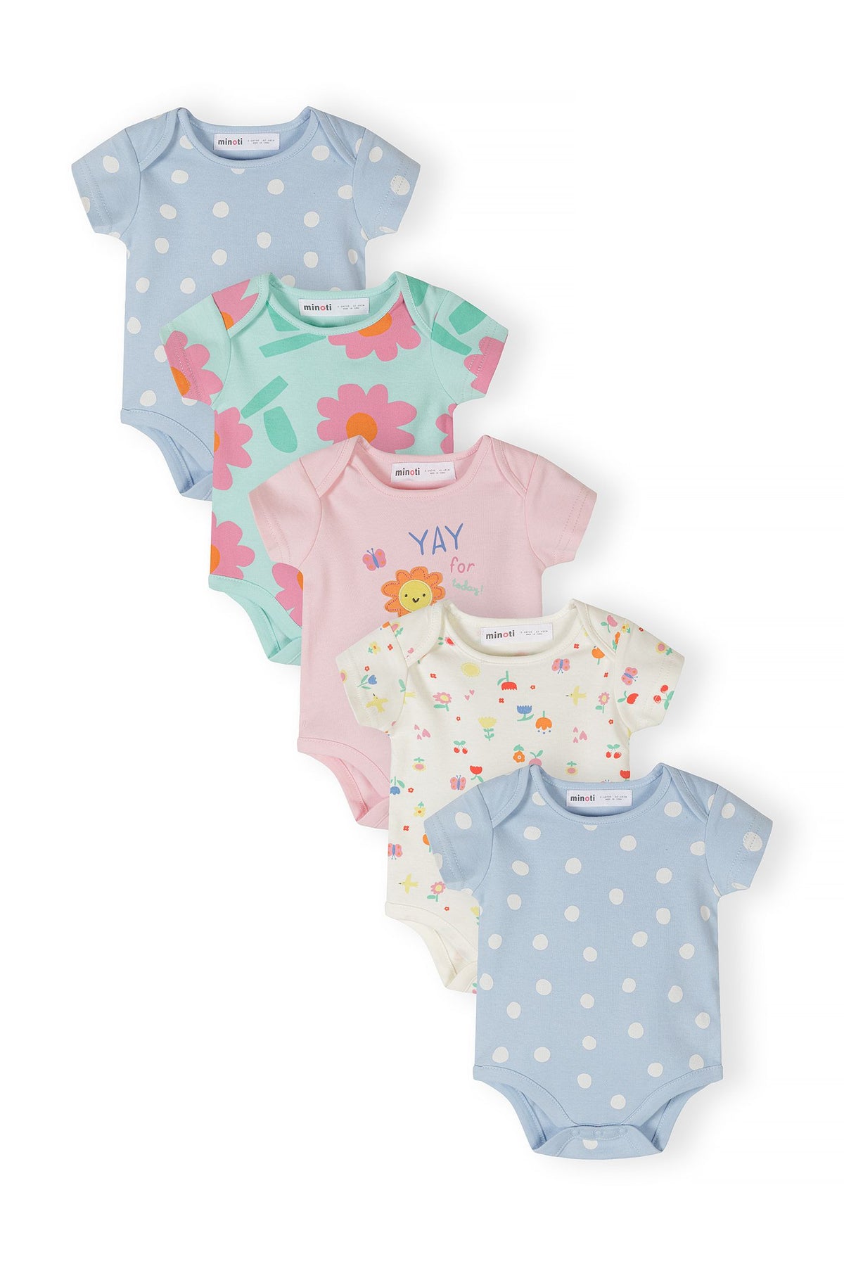 Pink, blue, mint and cream short-sleeved bodysuits, five bodysuits.