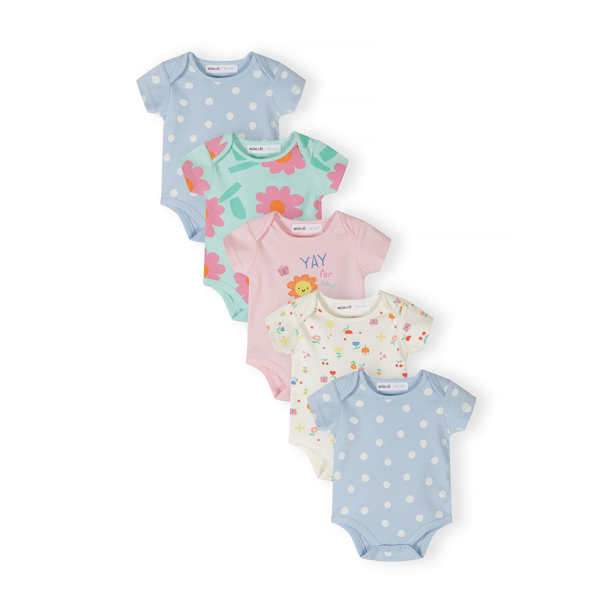 Baby short-sleeved bodysuits 5-pack in pink, blue, mint and cream — complete product view for square Shop card
