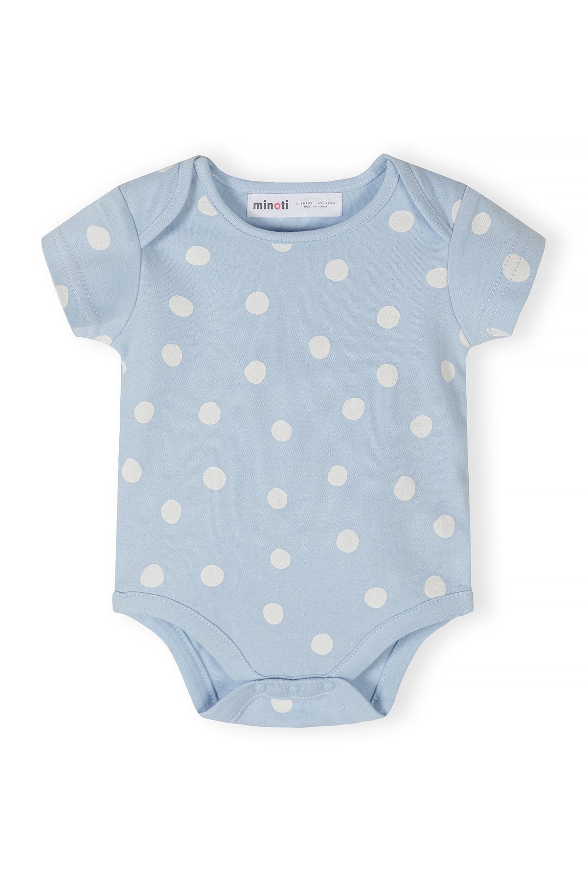 Pink, blue, mint and cream short-sleeved bodysuits, blue dot front.