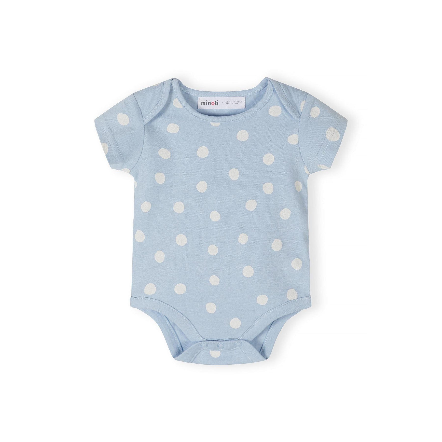 Single mint green short sleeve bodysuit with large pink floral print and orange flower centres displayed flat on white background