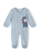 Boys' blue striped sleepsuit with dinosaur applique, front view.