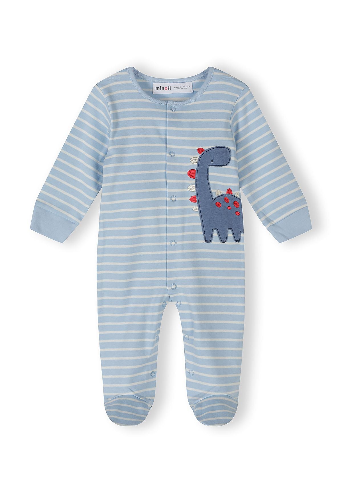 Light blue and cream sleepsuits, striped front.