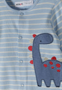 Close-up of a blue striped baby sleepsuit with a playful embroidered dinosaur design for kids fashion.