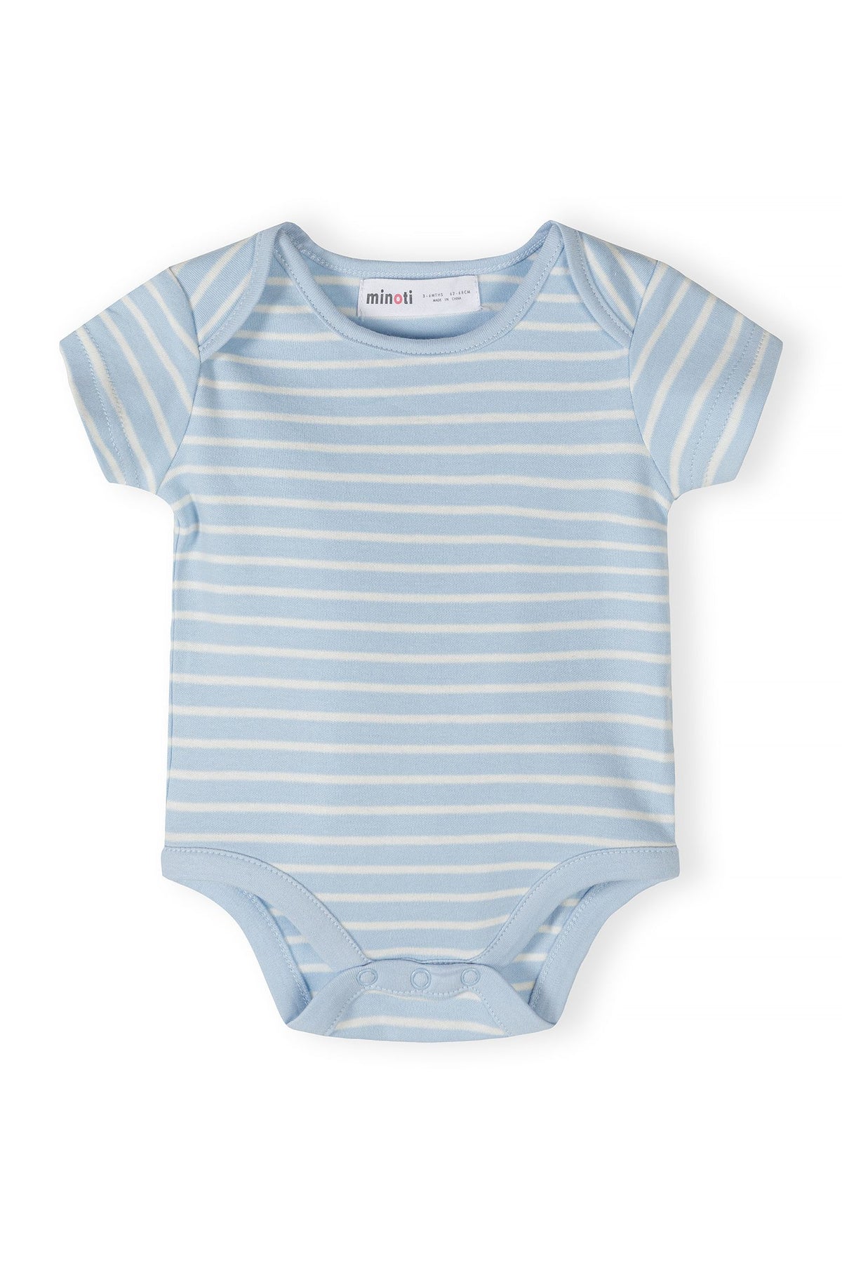 Light blue and cream short-sleeved bodysuits, blue stripe front.