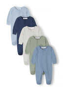 Boys long sleeve sleepsuit in blue and navy, front view with press stud fastening.