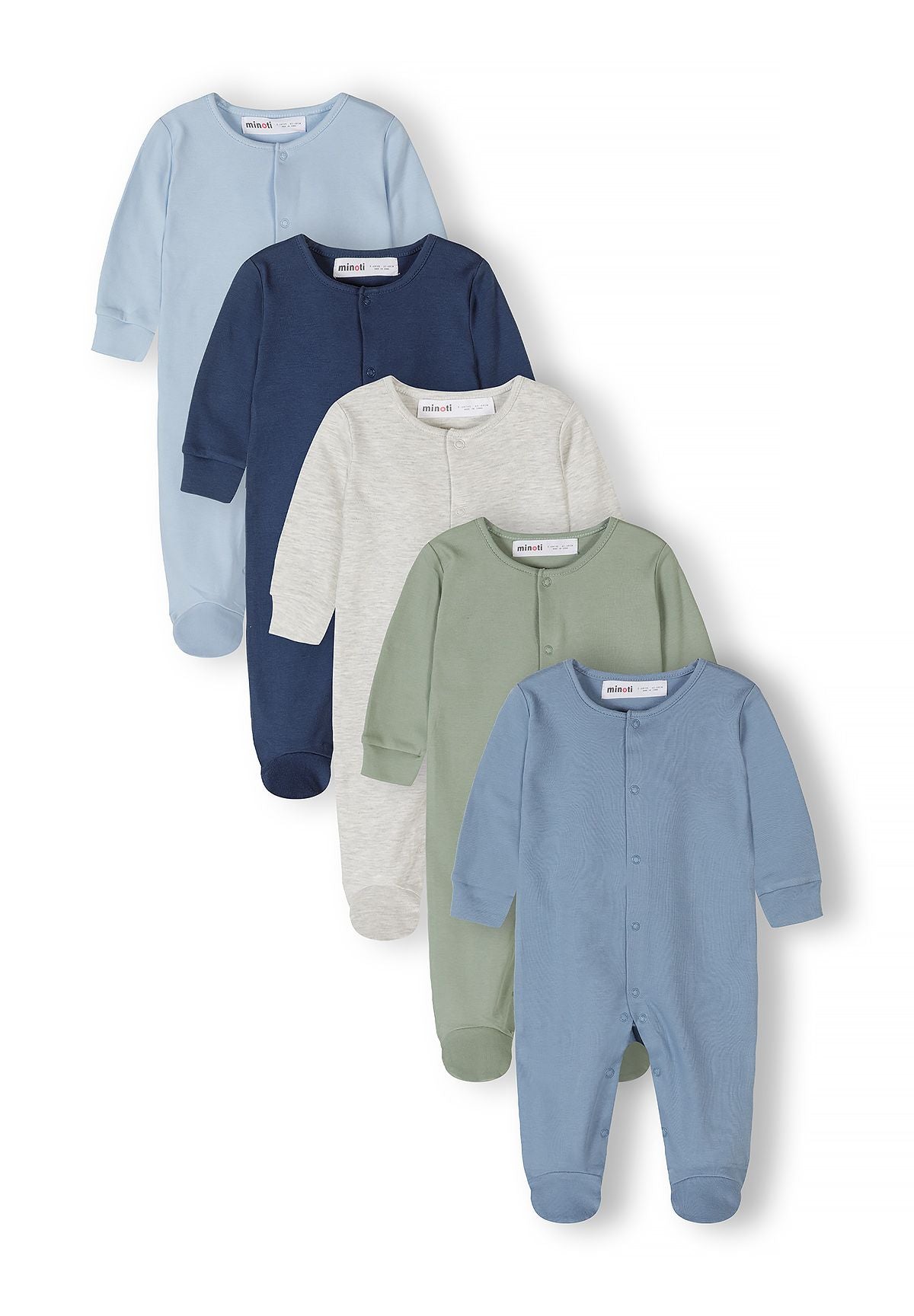 Light blue, navy, grey marl, green and blue grey sleepsuits, five fronts.