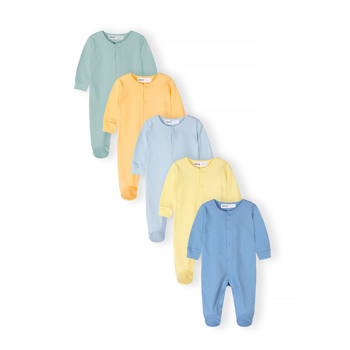 Baby sleepsuits 5-pack in mint, yellow and blue — complete product view for square Shop card