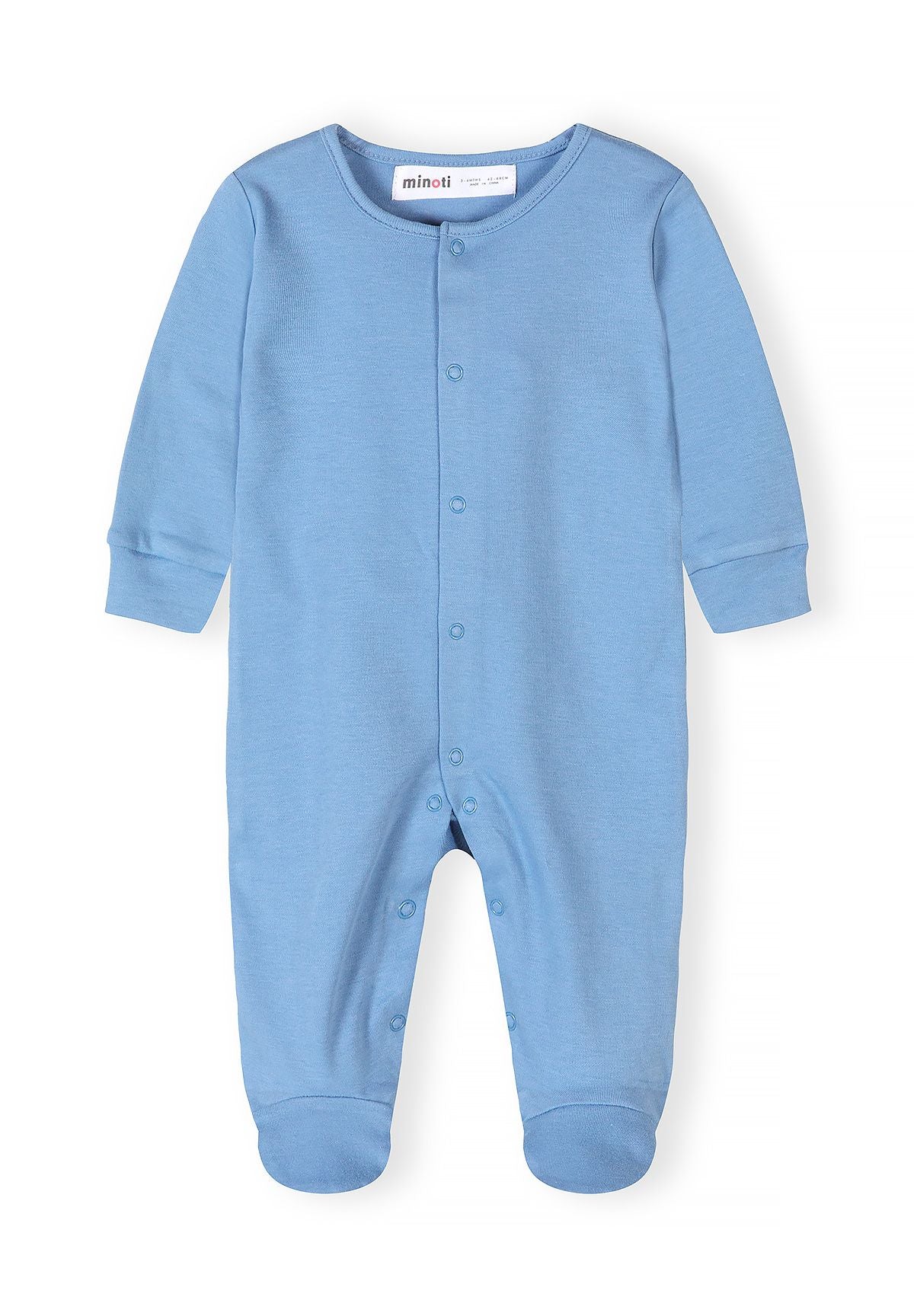 Boys sleepsuit in light blue, front view with snap fastenings and fitted cuffs.