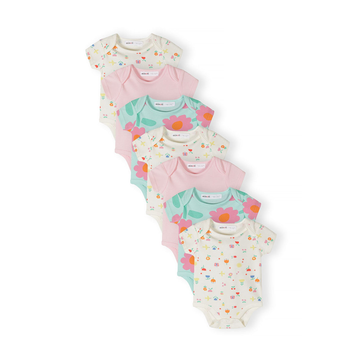 Baby short-sleeved bodysuits 7-pack in pink, mint and cream — complete product view for square Shop card