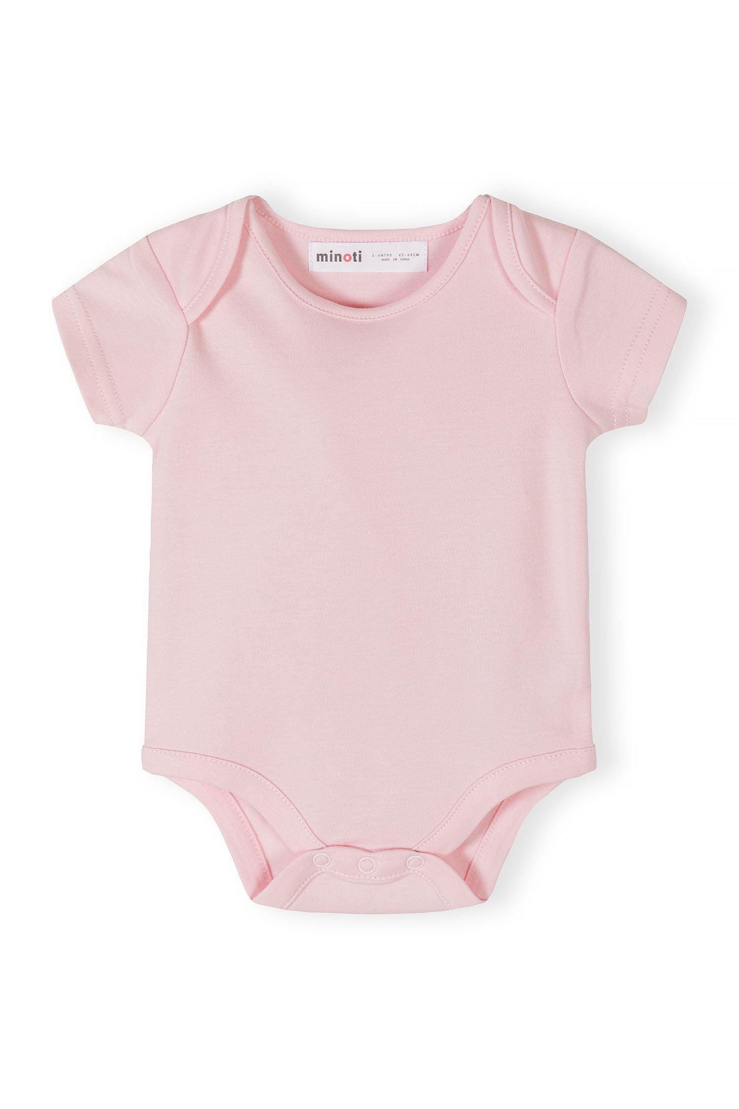 Girls short sleeve bodysuit in pink with snap fastenings, front view.