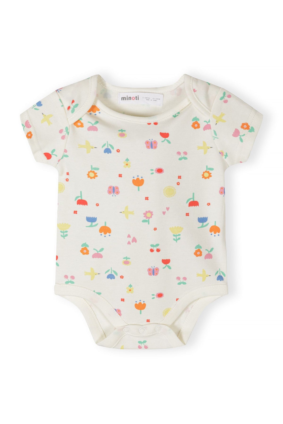 Pink, mint and cream short-sleeved bodysuits, cream print front.