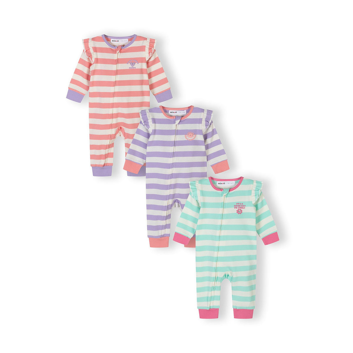 Baby footless sleepsuits 3-pack in coral, lilac, mint and cream — complete product view for square Shop card