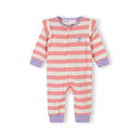 Girls ribbed cotton sleepsuit with pastel pink and cream stripes, front zip, ruffle shoulders, and purple cuffs.
