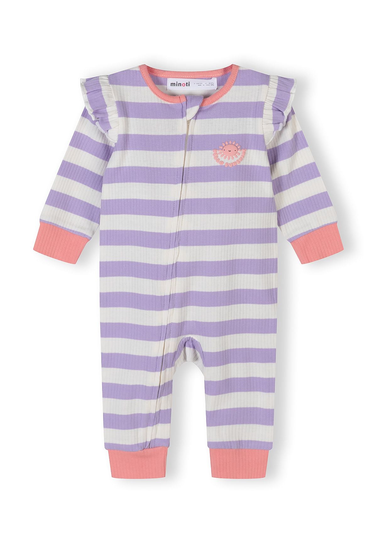Front view of a pastel striped ribbed sleepsuit for baby girls with long sleeves and a front zip.
