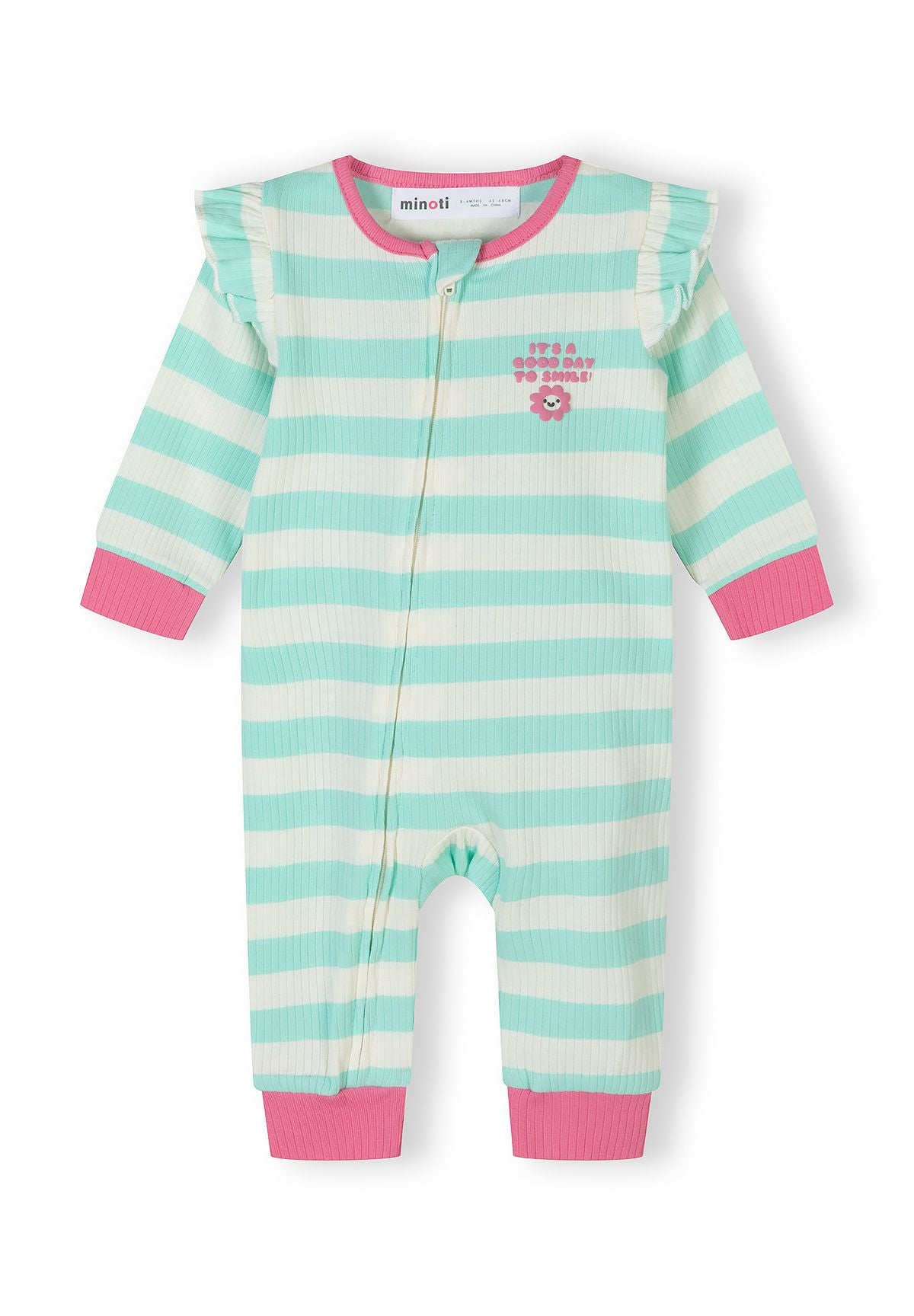 Front view of a girls' ribbed cotton sleepsuit in pastel stripes with long sleeves and a front zip.