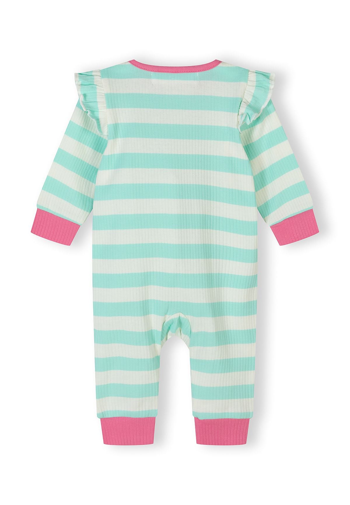 Back view of a pastel striped ribbed cotton sleepsuit for baby girls, featuring long sleeves and ruffled shoulders.