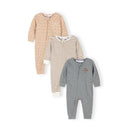Boys 3-pack rib knit rompers in beige, striped, and grey with full zippers and long sleeves.