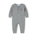 Grey rib knit romper with long sleeves, full-length zipper, and "big smiles" graphic.